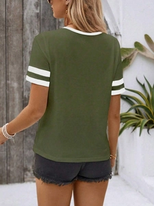 Detail of army green short sleeve t-shirt with white contrast trim and sporty sleeve stripes