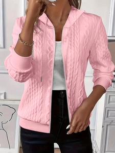 Detailed cable-knit texture on a women's pink zip-up hoodie with ribbed cuffs