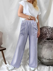Pantalon large décontracté à rayures verticales bleues et blanches avec taille élastique