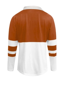 Rear view of long-sleeve polo shirt featuring orange and white patchwork with striped sleeves