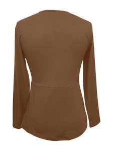 Back view of brown long-sleeve knit top showing fitted waist tailoring and seam details