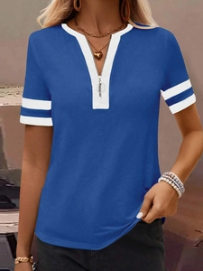 Detail of royal blue short-sleeve T-shirt featuring a zipper V-neck and white stripe trim