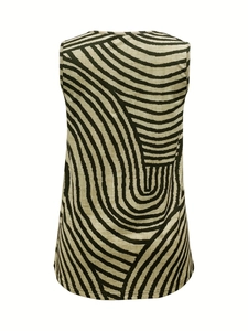 Detail of light khaki tank top featuring bold black spiral pattern and button accents