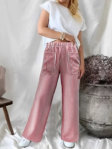 Pantalon large décontracté pour femme à rayures verticales rouges et blanches avec poches