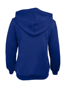 Vue arrière du sweat à capuche bleu marine avec motif géométrique et ourlet côtelé