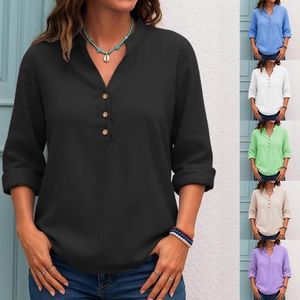 Detailed view of women's V-neck long sleeve shirts in six different textured colors