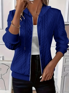 Detail view of royal blue zip-up hoodie featuring a chunky cable knit texture for women
