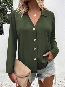 Blouse élégante vert olive à col en V et manches longues avec détails de boutons bruns