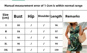 Size chart for floral twist-front vacation dress including bust and length measurements