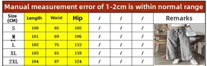 Detailed size chart for women's striped straight-leg trousers from size S to 2XL