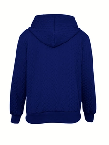 Detailed back view of navy blue cable knit hoodie featuring ribbed cuffs and hem detail