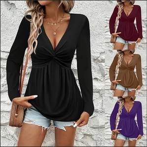 Women Casual V Neck Twist Knot Long Sleeve T-Shirt Solid Color Loose Peplum Top Soft Stretchy Fashion Fall Clothing