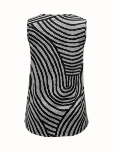 Detailed back view of a sleeveless top featuring black and gray abstract wave print