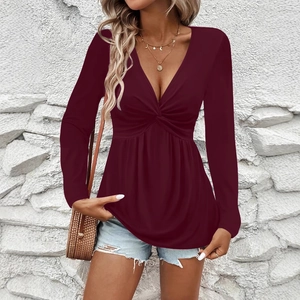 Elegant burgundy long sleeve V-neck top with front twist detail and slim fit design