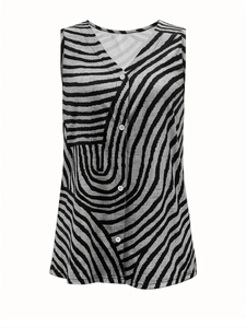 Close-up of lightweight V-neck vest with abstract black and white print and white buttons