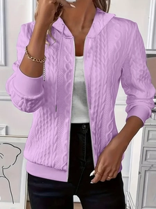 Detail shot of cable knit texture on a purple zip-up hoodie for women in soft lighting