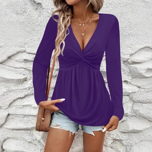 Women's deep purple long sleeve V-neck top with front twist knot and babydoll hem design