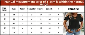 Detailed size chart for V-neck cold shoulder t-shirt showing S to 2XL measurements