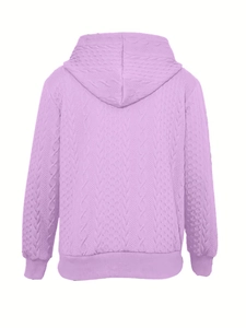 Detail view of lavender cable knit hoodie with ribbed cuffs and classic braided texture