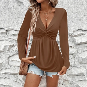 Deep brown long sleeve V-neck top with front knot detail and pleated waist for women