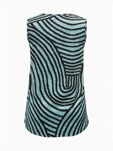 Detail view of the back of a blue sleeveless tank top with black wavy stripe patterns