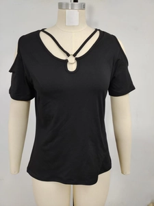 Close-up of black V-neck T-shirt with cold shoulder cutouts and metal ring detail
