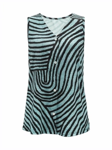 Detailed close-up of V-neckline with white buttons on sleeveless teal printed top