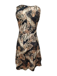 Detailed macro view of tropical palm leaf print on sleeveless crewneck summer dress