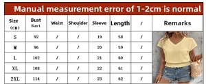 Detailed size chart for V-neck eyelet short sleeve t-shirt with measurement in cm