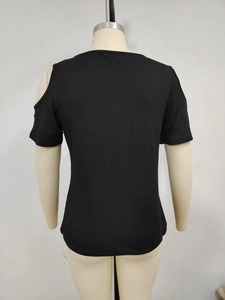 Rear view of black cold-shoulder short sleeve T-shirt with cutout shoulder detail
