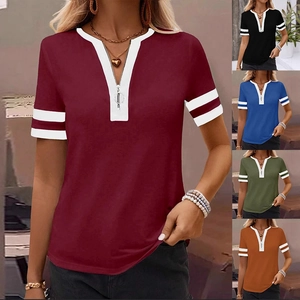 Women Casual V Neck Zipper T-Shirt Short Sleeve Contrast Patchwork Striped Trim Sporty Loose Basic Fashion Summer Top Tee