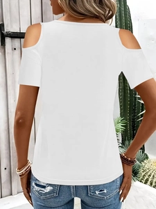 Rear view of white cold shoulder V-neck T-shirt with high quality knit texture