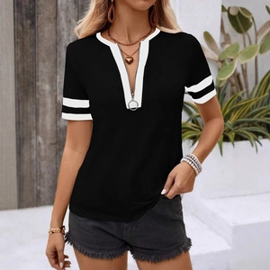 Women's black short sleeve V-neck top with white stripes and zipper detail for summer