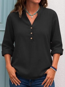 Women's Casual Solid Color V Neck Long Sleeve Blouse Loose Fit Henley Shirt With Wood Buttons Polyester Daily Fashion Top