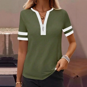 Women's V-neck army green short sleeve t-shirt with metal zipper and white contrast trim