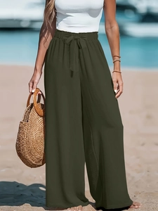 Pantaloni da donna a gamba larga verde oliva scuro con vita alta e coulisse regolabile