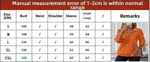 Size chart for women's orange quarter-zip sweatshirt with sleeve and length measurements