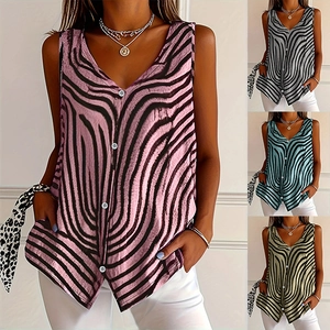 Women Casual Zebra Print V Neck Button Down Tank Top Sleeveless Loose Printed Vest Shirt Summer Fashion Camisole Top
