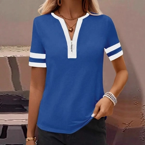 Women's casual blue V-neck short sleeve top with zipper and white stripe patchwork