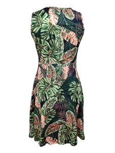 Detailed back view of a sleeveless tropical leaf print dress with a cinched waistline