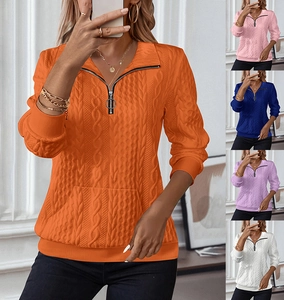 Women's quarter-zip knit sweatshirt detail with kangaroo pocket in five colors