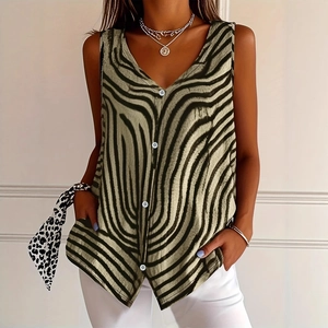 Sleeveless V-neck cardigan top with olive green zebra print and white buttons