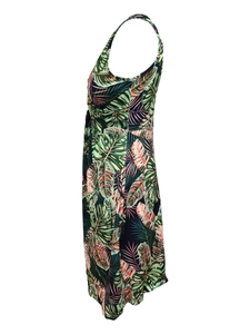 Detail view of tropical palm leaf print on sleeveless navy blue midi summer dress