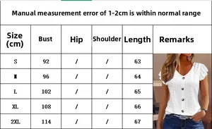 Size chart for women's V-neck ruffle sleeve shirt with bust and length measurements