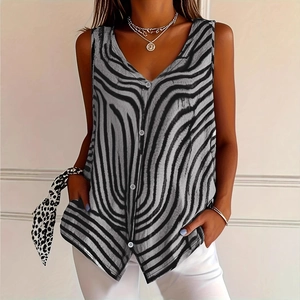 Women's zebra print V-neck sleeveless vest with buttons and asymmetrical hemline