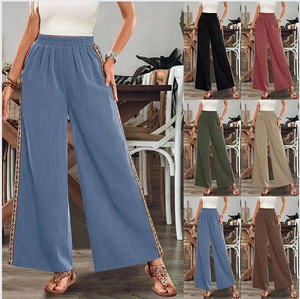 Boho Ethno Gestreifte Weite Hose Für Damen Hohe Taille Locker Lässige Baumwolle Leinen Stil Hose Urlaubshose