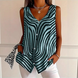 Women's V-neck sleeveless top with dark wave print and front buttons in a casual style