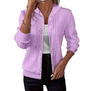 Women's light purple cable knit hoodie with zip front closure and long sleeves