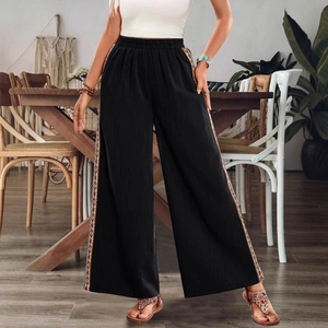 Damenhose mit hohem Bund, weitem Bein, schwarzen Boho-Seitenstreifen und elastischem Bund