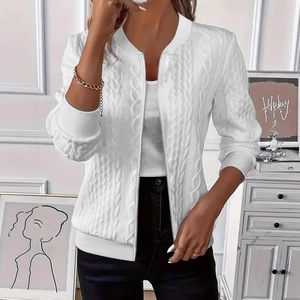 Veste en maille torsadée blanche pour femme avec fermeture éclair et col montant